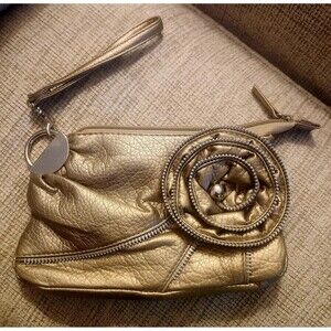 Chateau Metallic Wristlet Clutch  Flower  Zipper Accent Detachable Strap